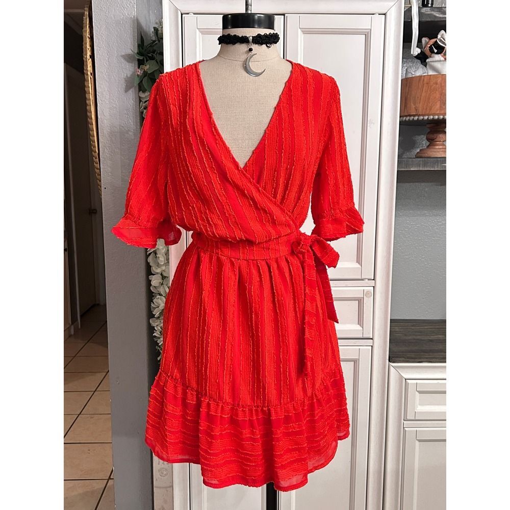 Hello Molly Red Wrap Mini Dress Flutter Sleeve MEDIUM Summer Rodeo Festival - Picture 10 of 10